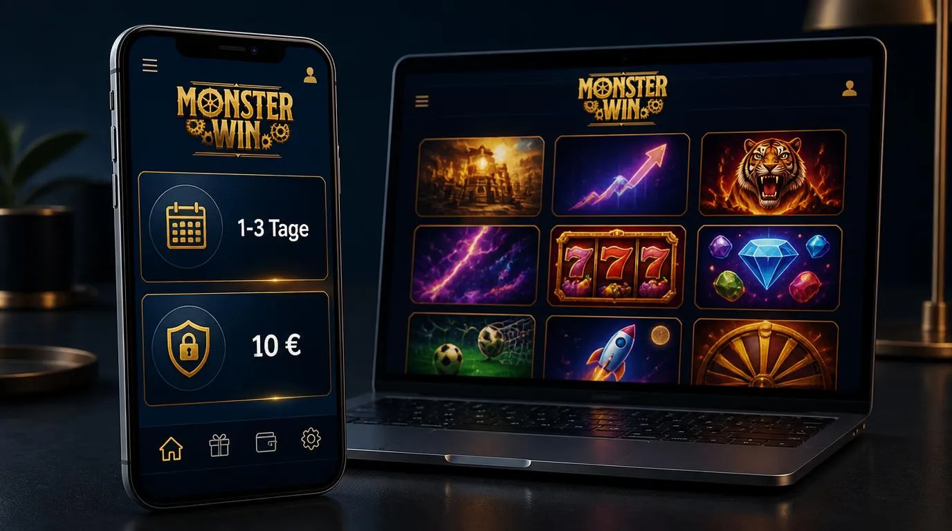 Casino-Dashboard auf Smartphone mit Auszahlungsstatus, 10-Euro-Einzahlung und Spielkacheln bekannter Anbieter