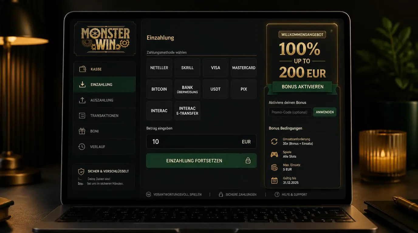 Casino-Kasse mit 100-Prozent-Willkommensbonus, 10-Euro-Einzahlung und Auswahl von Zahlungsarten