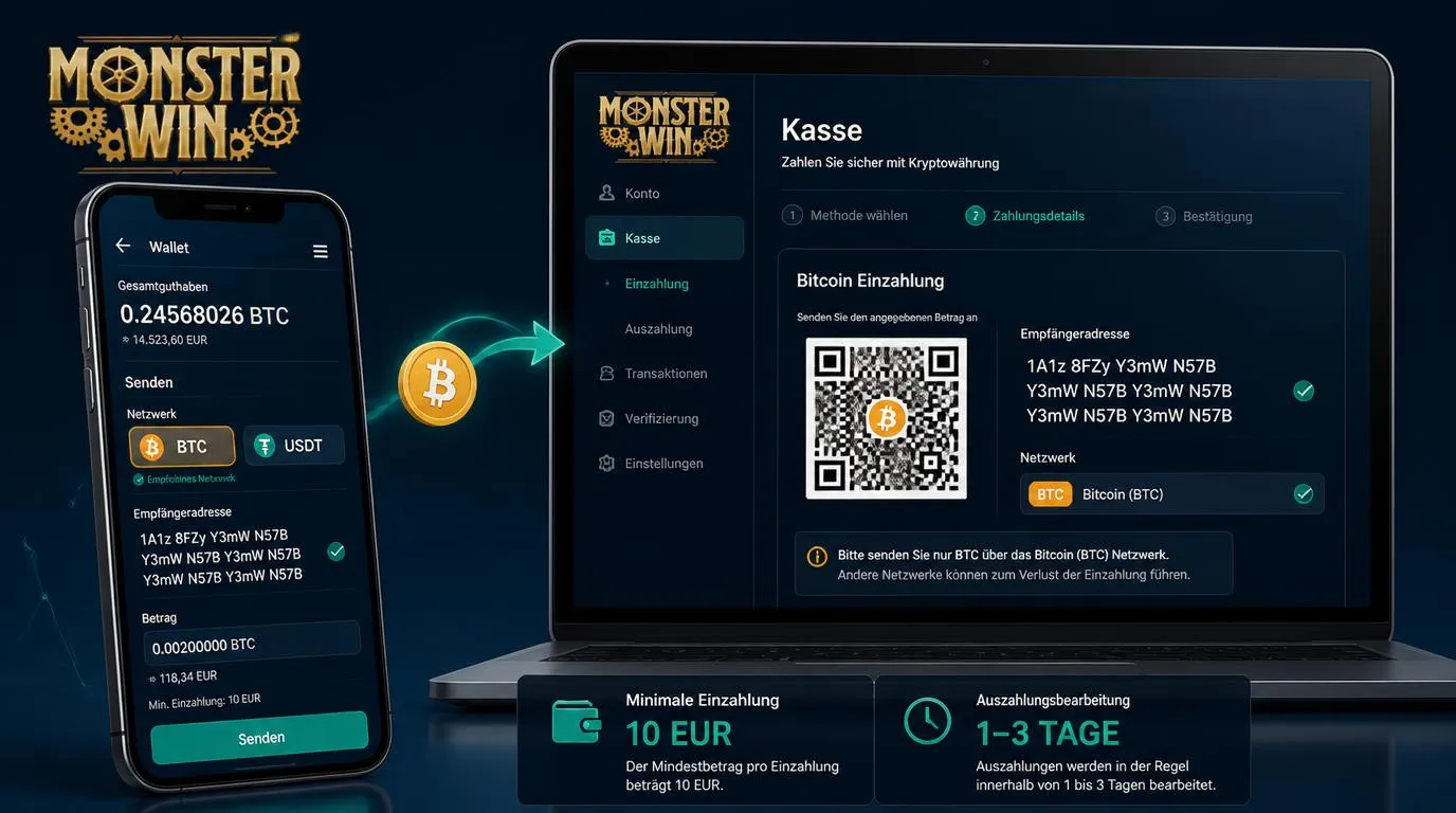 Krypto-Einzahlung mit Bitcoin-Wallet, QR-Code und Prüfung des Blockchain-Netzwerks