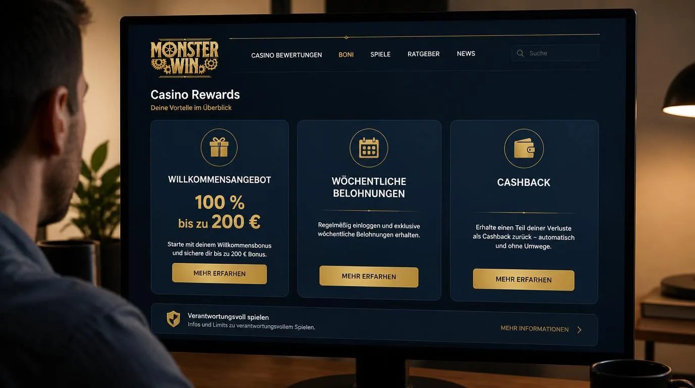 Casino-Bonusbereich mit Willkommensangebot, wöchentlichen Belohnungen und Cashback-Aktionen
