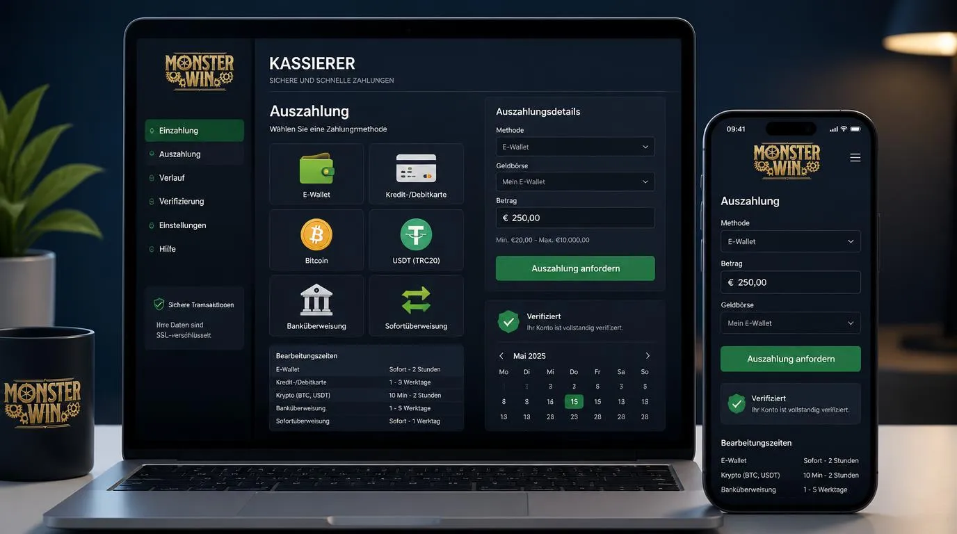 Kassenansicht mit E-Wallets, Karten, Kryptowährungen und Banküberweisung für Auszahlungen