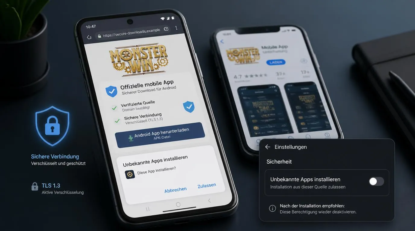 Smartphone mit geprüfter Downloadseite, Sicherheitssymbol und aktivem App-Installationsdialog