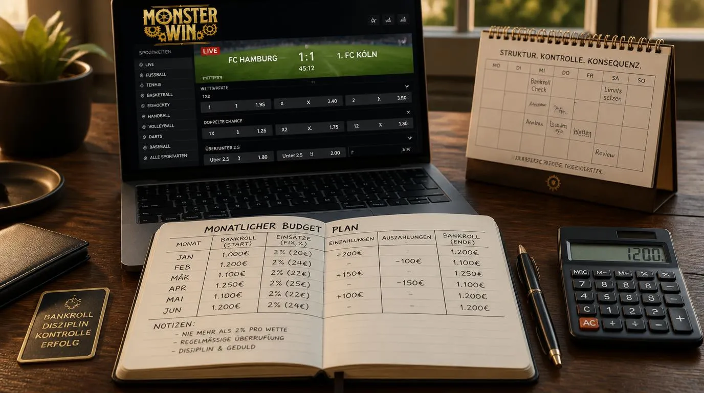 Notizbuch mit Wettbudget, Einsatzplan und Fußballspiel auf einem Laptop
