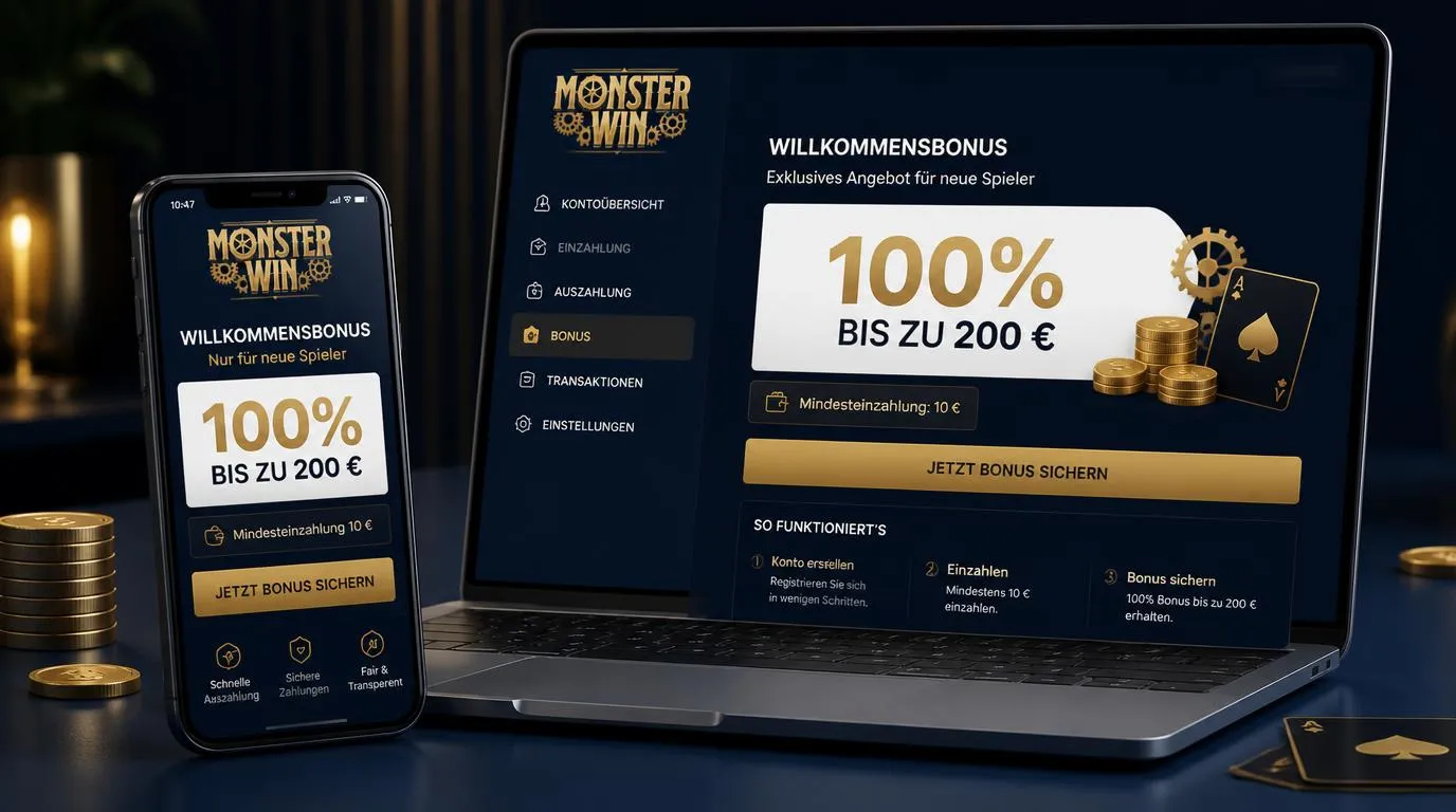 Bonusübersicht auf Smartphone und Laptop mit 100 Prozent bis 200 Euro sowie 10 Euro Mindesteinzahlung